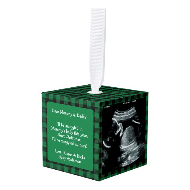 Baby Ultrasound New Parents Green Plaid Christmas Cube Ornament (Front Angled)