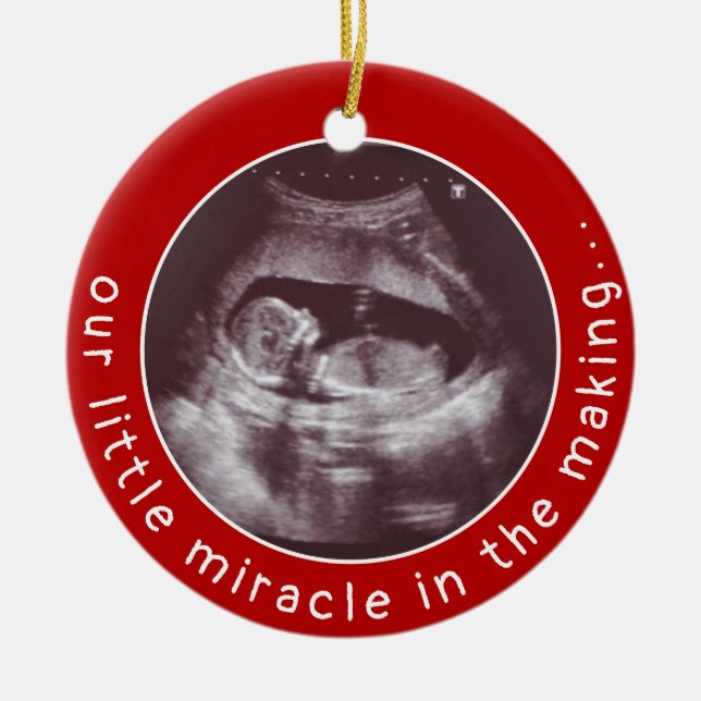 Baby Ultrasound Photo Red Miracle Christmas Ceramic Ornament (Front)