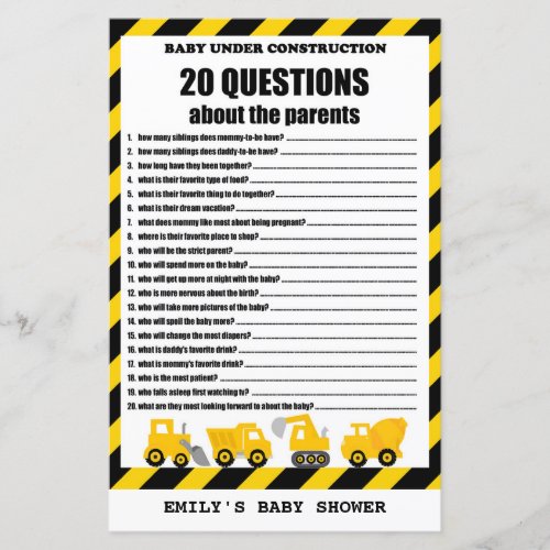 Baby Under Construction Baby Shower Game PRINTED
