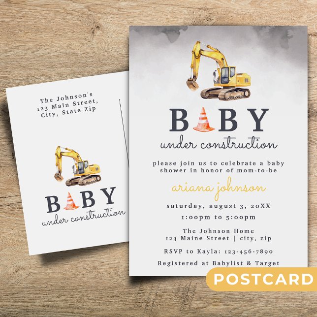 Baby Under Construction Boy Baby Shower Invitation Postcard (Creator Uploaded)