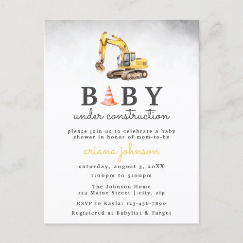 Baby Under Construction Boy Baby Shower Invitation Postcard