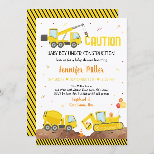 Baby Under Construction Boy Truck Baby Shower Invitation (Front/Back)