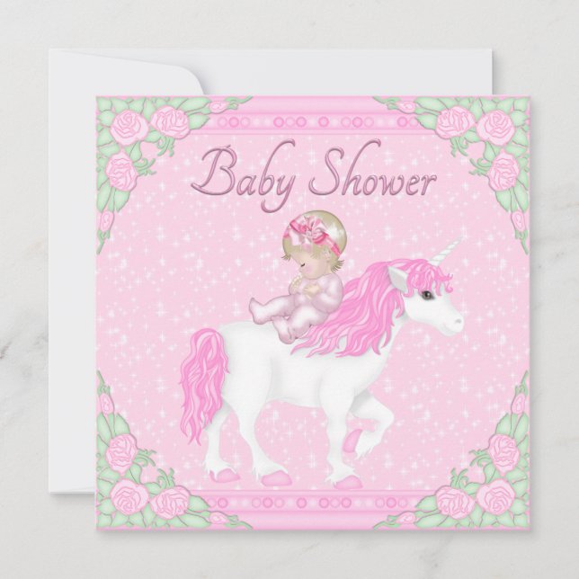 Baby, Unicorn and Roses Pink Baby Shower Invitation (Front)