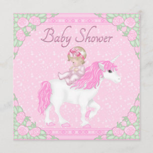 Baby, Unicorn and Roses Pink Baby Shower Invitation