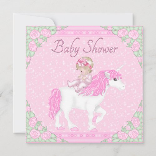 Baby, Unicorn and Roses Pink Baby Shower Announcements