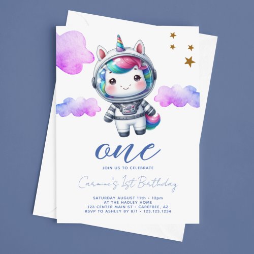 Baby Unicorn Astronaut 1st Birthday Invitation