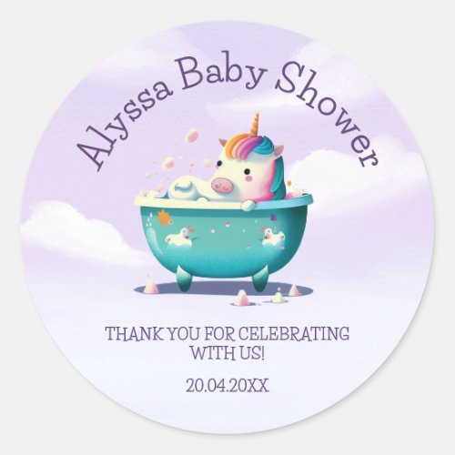 Baby Unicorn Bath Time  Baby Shower Classic Round Sticker