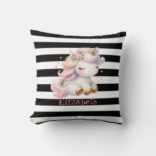 Baby Unicorn Black White Stripes  Throw Pillow