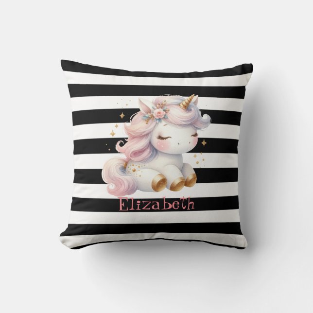 Baby Unicorn Black White Stripes  Throw Pillow (Front)