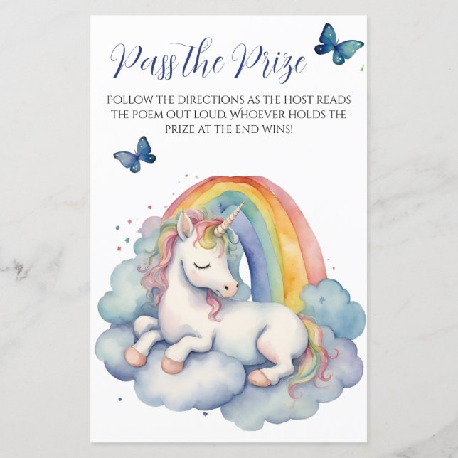 Baby Unicorn Boy Baby Shower Pass the Prize Game (Back)