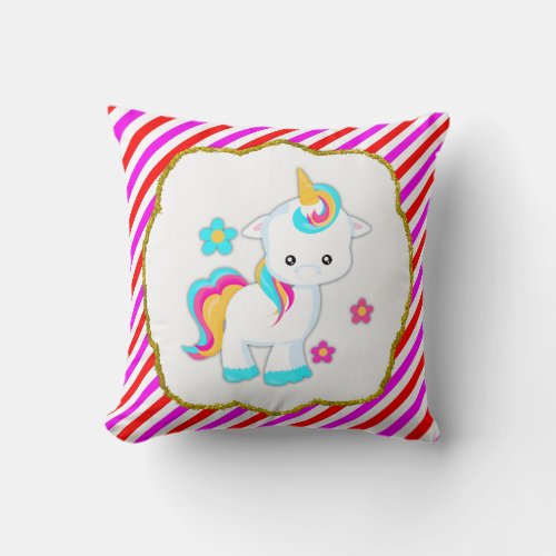 Baby Unicorn Candy Striped Throw Pillow