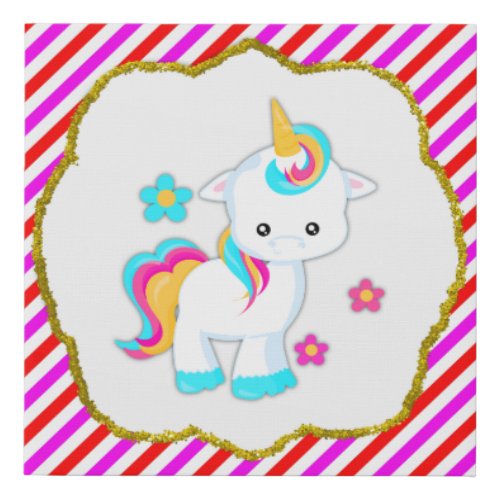 Baby Unicorn Candy Stripes Faux Canvas Print