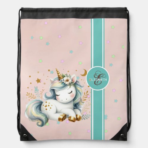 Baby Unicorn Colorful Stars Monogram Drawstring Bag