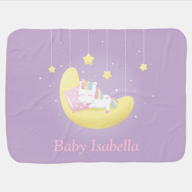 Baby Unicorn on Moon Girl Personalized Blanket (Horizontal)
