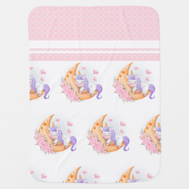 Baby Unicorn Over The Moon with Flower     Baby Blanket (Front)