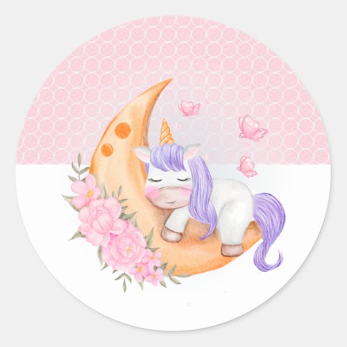 Baby Unicorn Over The Moon with Flowers   Classic Round Sticker