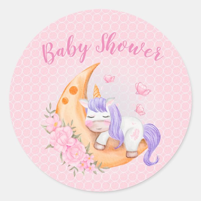 Baby Unicorn Over The Moon with Flowers  Classic Round Sticker (Front)
