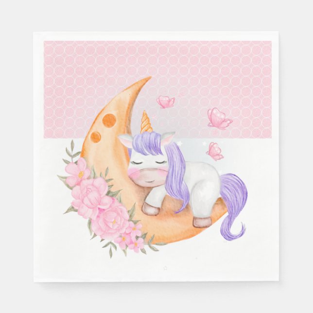 Baby Unicorn Over The Moon with Flowers Napkins (Front)