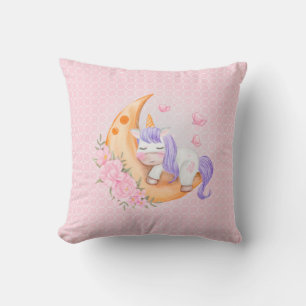 Baby Unicorn Over The Moon with Flowers Throw Pillow