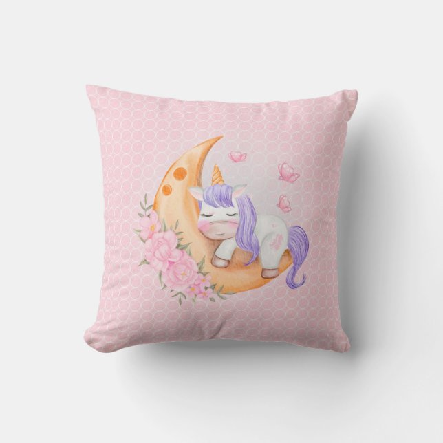 Baby Unicorn Over The Moon with Flowers  Throw Pillow (Front)