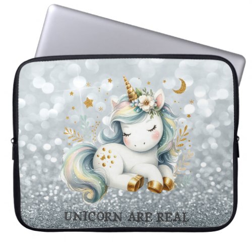 Baby Unicorn Silver Glitter Bokeh Laptop Sleeve