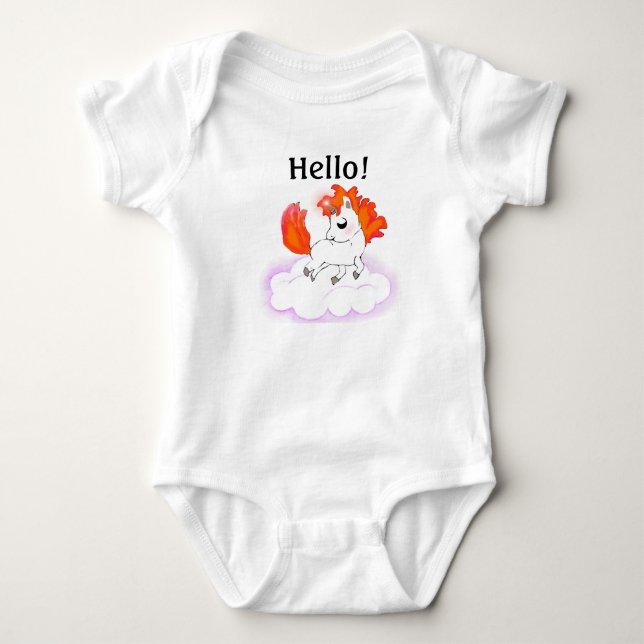 Baby Unicorn with Orange Hair on White Cloud Bodysuit (Front)