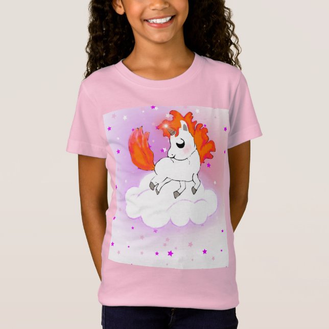 Baby Unicorn with Orange Hair on White Cloud T-Shirt (Front)