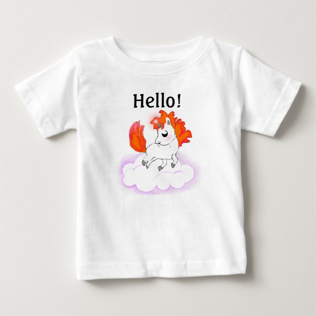 Baby Unicorn with Orange Hair on White Cloud T-Shirt (Front)