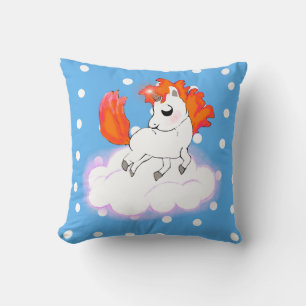 Baby Unicorn with Orange Hair on White Cloud Throw Pillow
