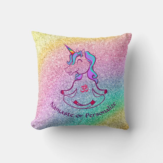 Baby Unicorn Zen Yoga Meditation Rainbow Glitter Throw Pillow (Front)
