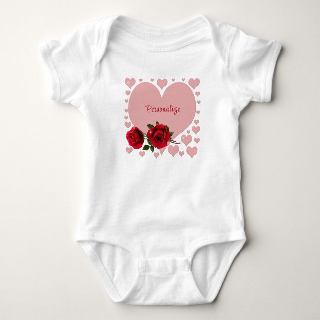 Baby Valentine's Day Pink Heart Red Roses Baby Bodysuit (Front)