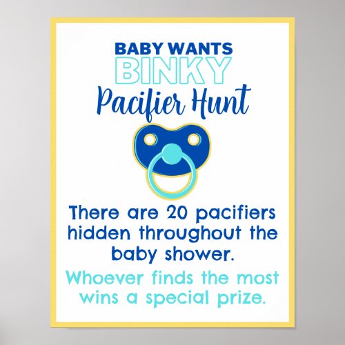 Baby Wants Binky Pacifier Hunt Game Baby Shower Poster