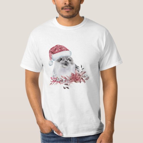 Baby Water Seal Wearing Christmas Hat T_Shirt