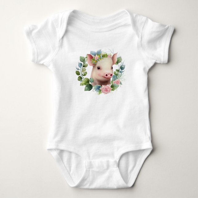 Baby Watercolor Piglet with Flower Wreath Bodysuit (Front)