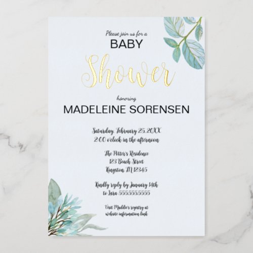 BABY Watercolor  Woodland Gold Foil Invitation