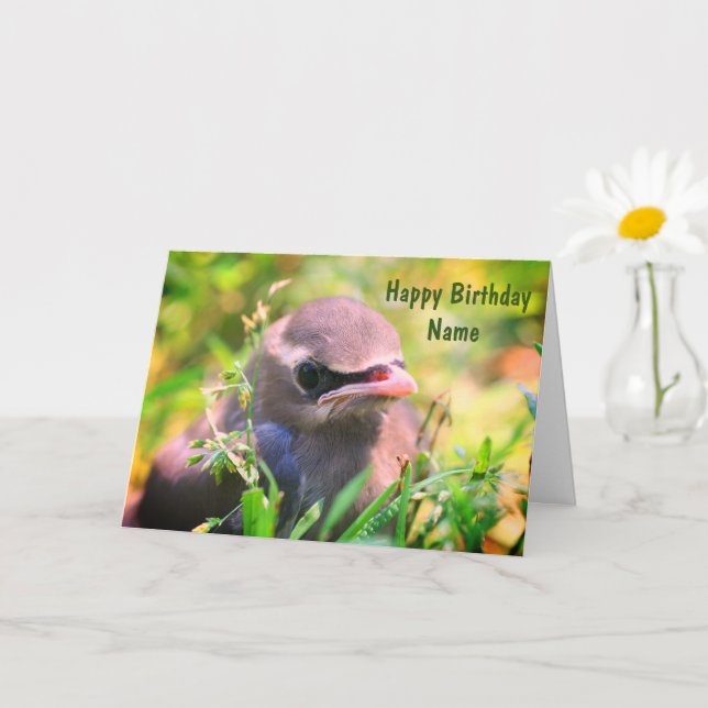 Baby Waxwing Bird Personalized Birthday  Card (Small Plant)