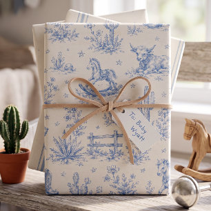 Baby Western Toile Blue Cowboy Nursery Wrapping Paper Sheets