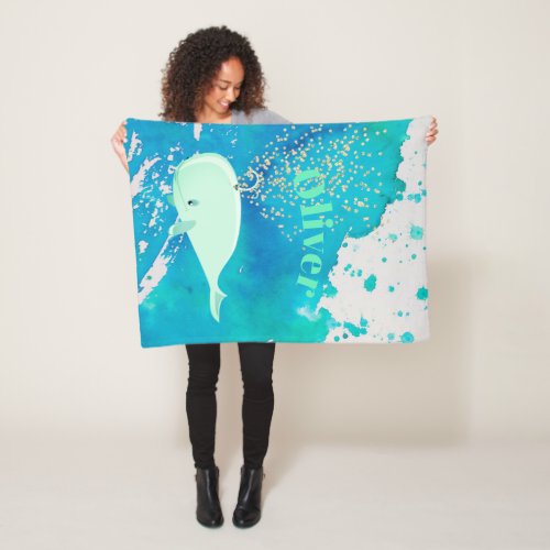 Baby Whale  Gold Sparkle Blue Nautical Personal Fleece Blanket