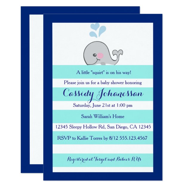 Baby Whale Little Squirt Boy Shower Invitation