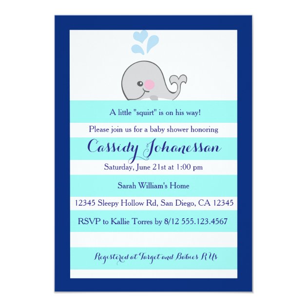 Baby Whale Little Squirt Boy Shower Invitation