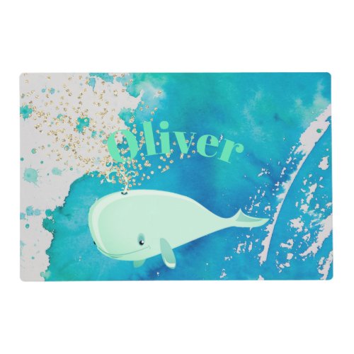 Baby Whale Sparkle Blue Green Nautical Personal Placemat