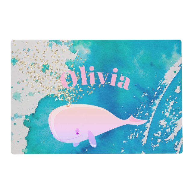 Baby Whale Sparkle Pink Blue  Nautical Personal Placemat (Front)