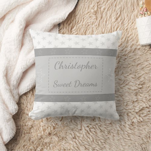 Baby white and gray with stars and a name throw pillow