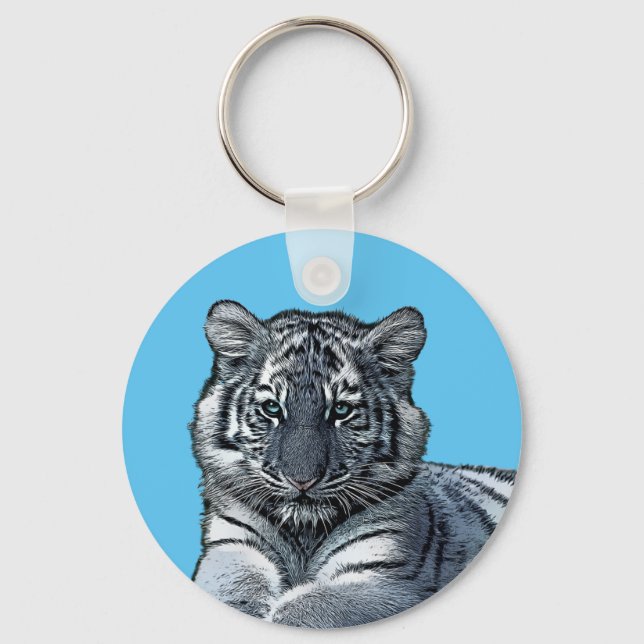 baby white baby tiger cub jungle safari animal art keychain (Front)