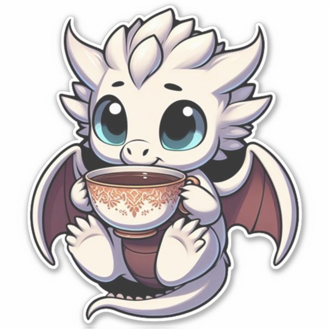 Baby White Dragon drinking coffee tea Sticker (Front)