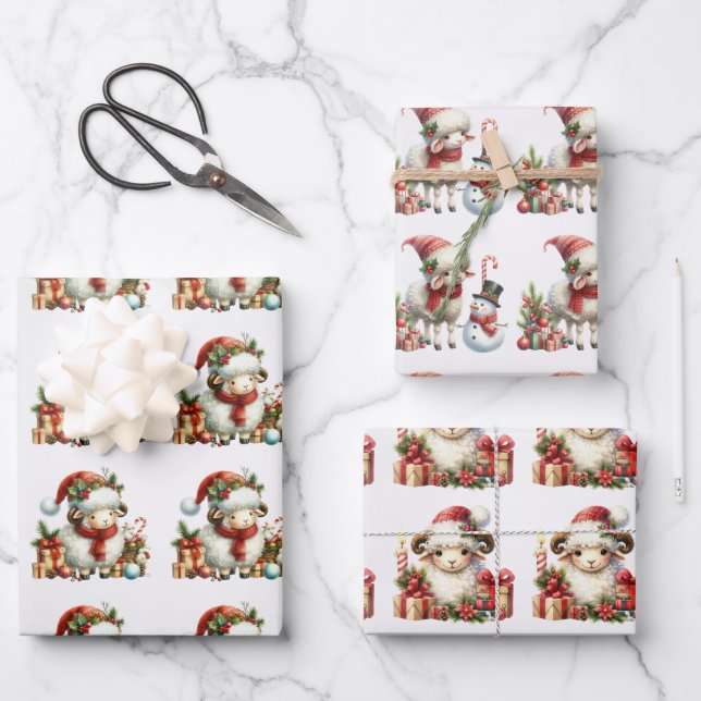 Baby White Lambs Christmas Kids Wrapping Paper Sheets (Front)