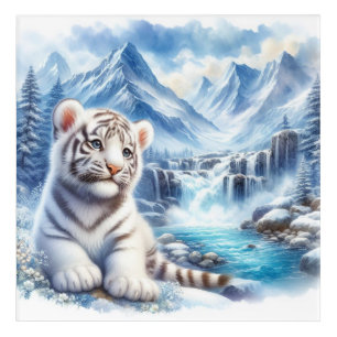 Baby white tiger acrylic wall print, snow tiger acrylic print