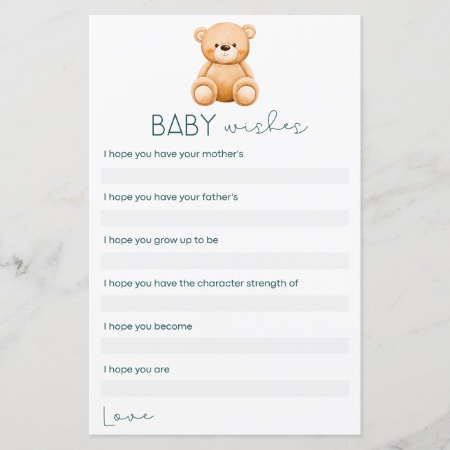 Baby Wishes | Teddy Bear Baby Boy Shower Games (Front)