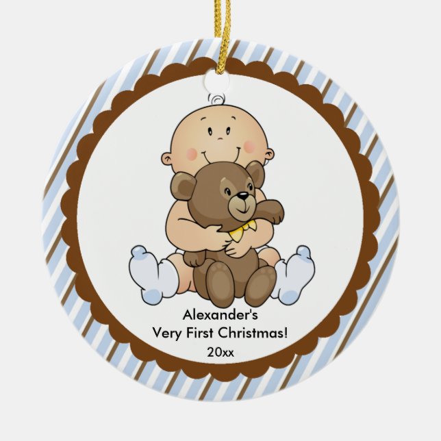 Baby with Bear Baby's First Christmas Ornament (Front)