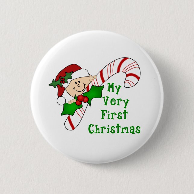 Baby with Candy Cane First Christmas Pinback Button (Front)
